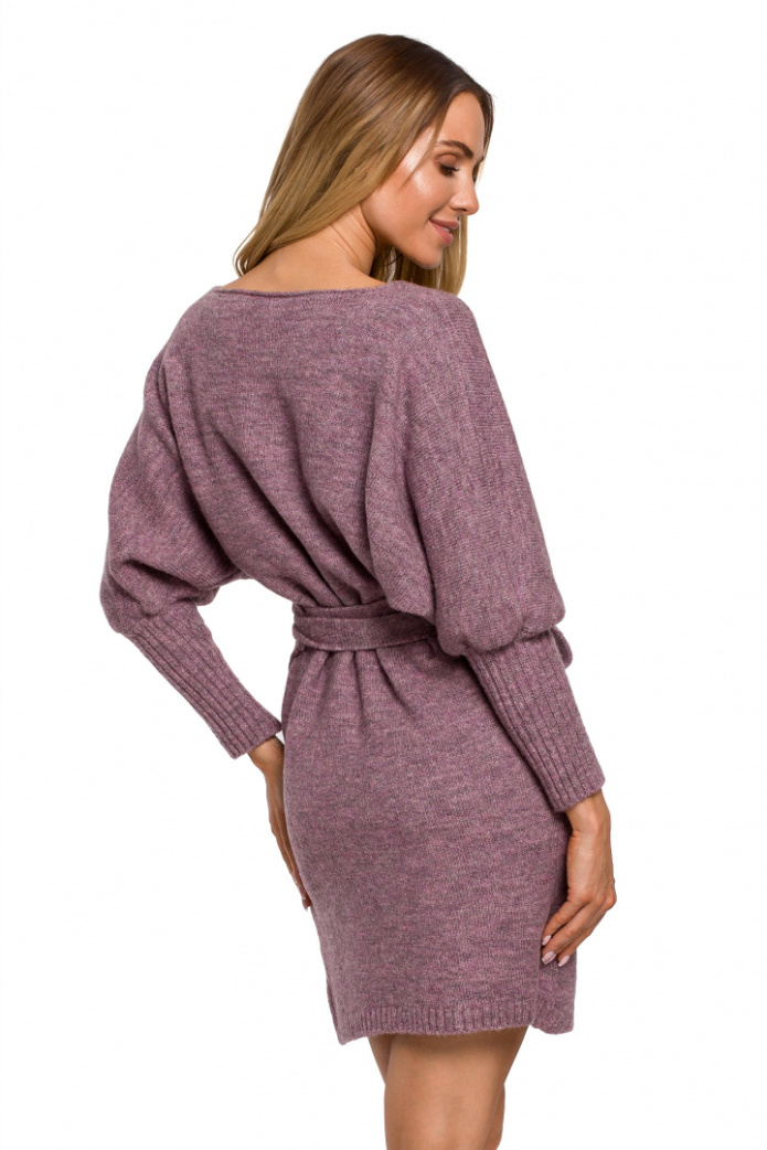 Sukienka Mini - Kopertowa Swetrowa Z Wiązaniem - wrzosowa
